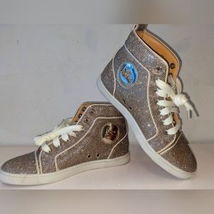 CHRISTIAN LOUBOUTIN GOLD ORLATO FLAT LUREX LEATHER HI TOP SNEAKERS